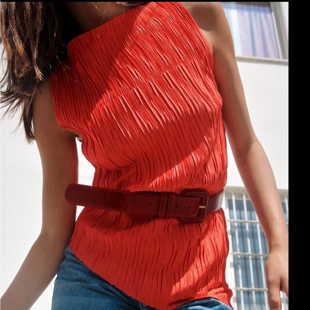 Zara Red/Orange Crinkle Pleated Sleeveless Blouse Elastic Waist Asymmetric NWT M